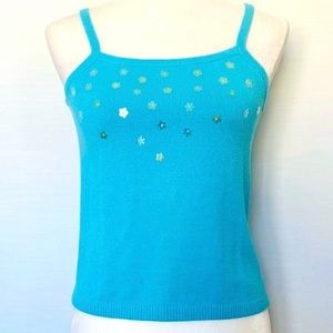 Y2K Cynthia Steffe Stretch Knit Aqua Blue Retro Cami Tank Top Daisy Sequins